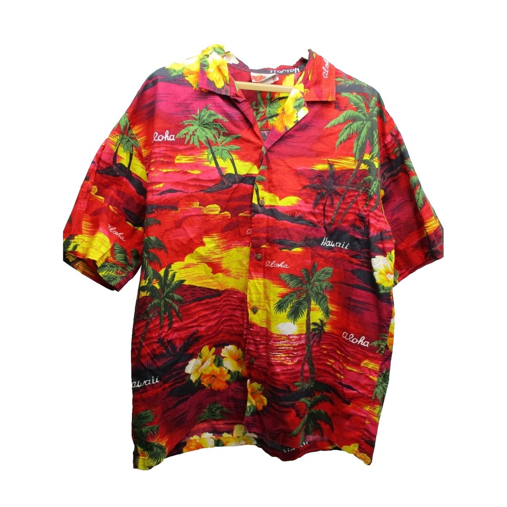 ALI'I FASHIONS HAWAII - MEN'S RED PINK HAWAIIAN PRINT BUTTON-UP SHIRT - SIZE XXL